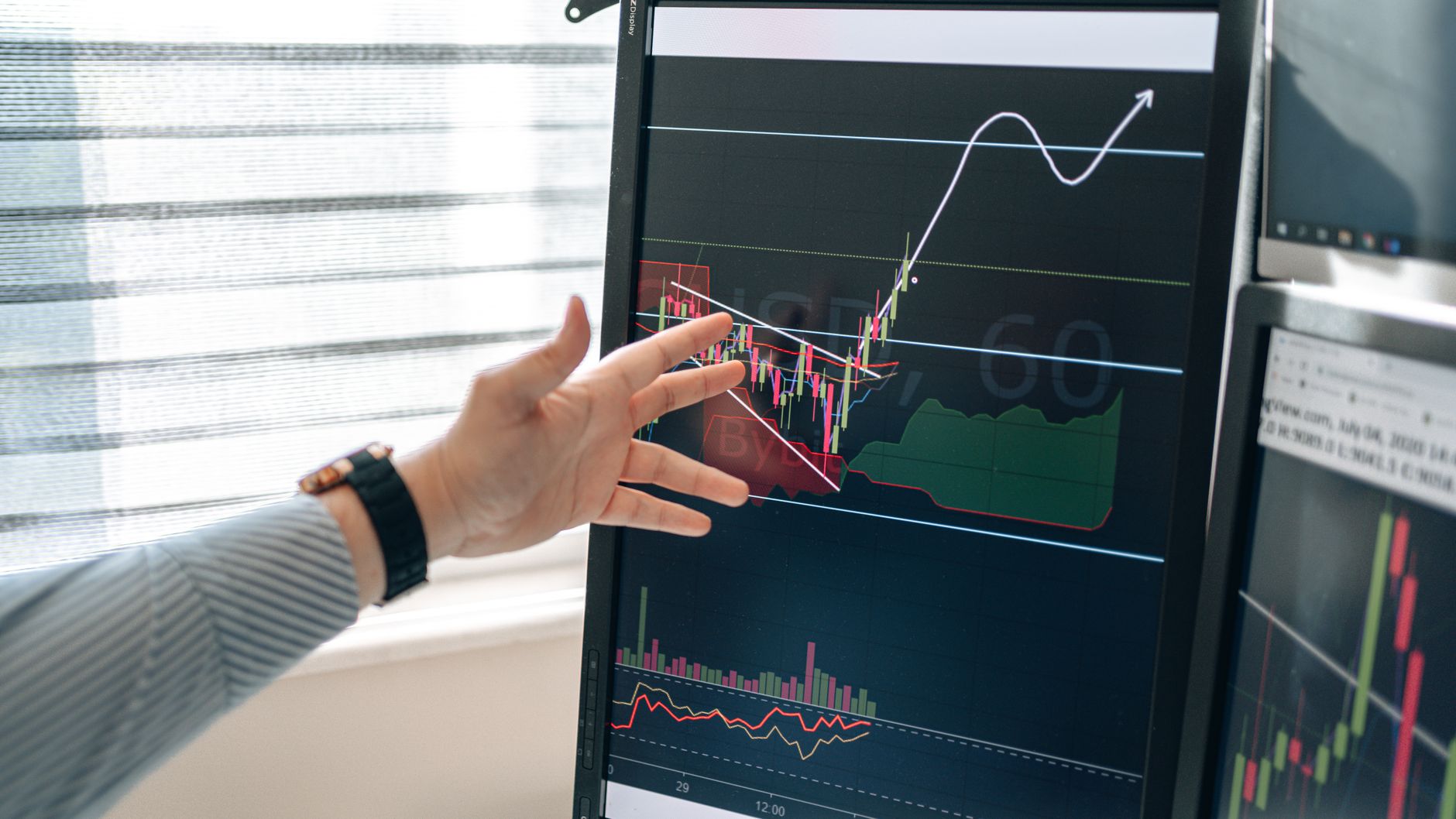 Person pointing at a chart on a monitor while reviewing information